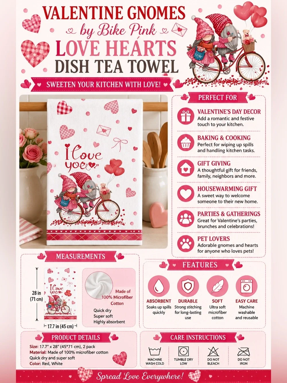 Valentine Gnomes by Bike Pink Love Hearts Dish Tea Towel